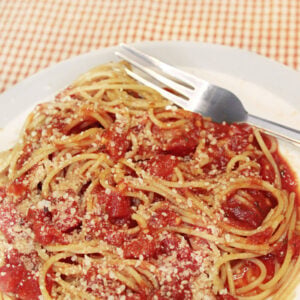 a dish of spaghetti made with homemade shortcut spaghetti sauce