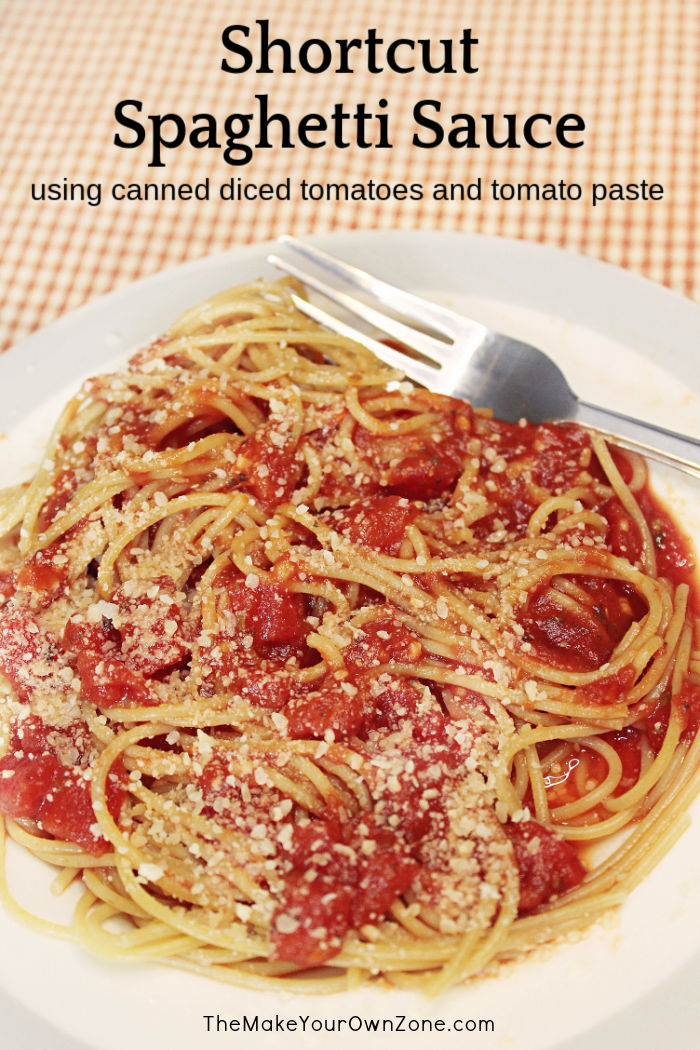 a dish of spaghetti made with homemade shortcut spaghetti sauce