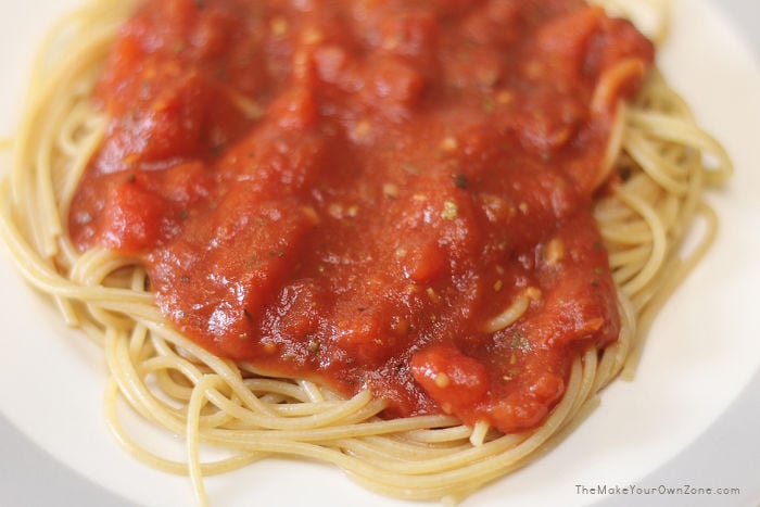 a dish of spaghetti made with homemade shortcut spaghetti sauce