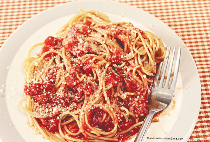 a dish of spaghetti made with homemade shortcut spaghetti sauce