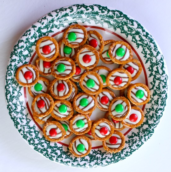 Make this easy and yummy treats using pretzels, Hershey Hugs, and M&M's. You can use M&M's in different colors for different holidays.
