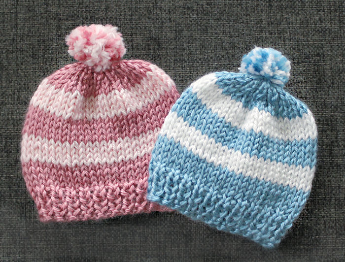 Two homemade knit hats for newborns