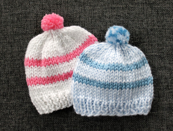 Two homemade knit hats for newborns