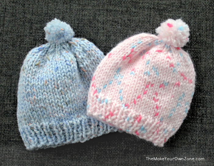 Two homemade knit hats for newborns