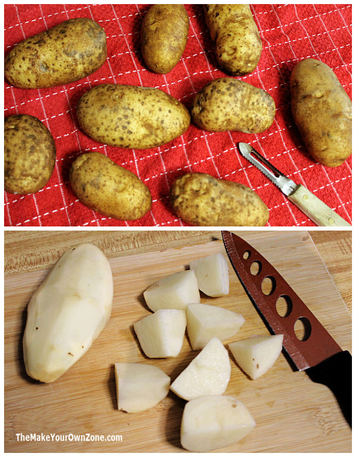 Cutting up potatoes to prepare Make Ahead Mashed Potatoes