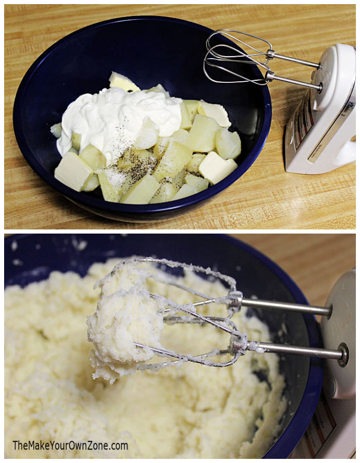 Whipping potatoes to make mashed potatoes with sour cream