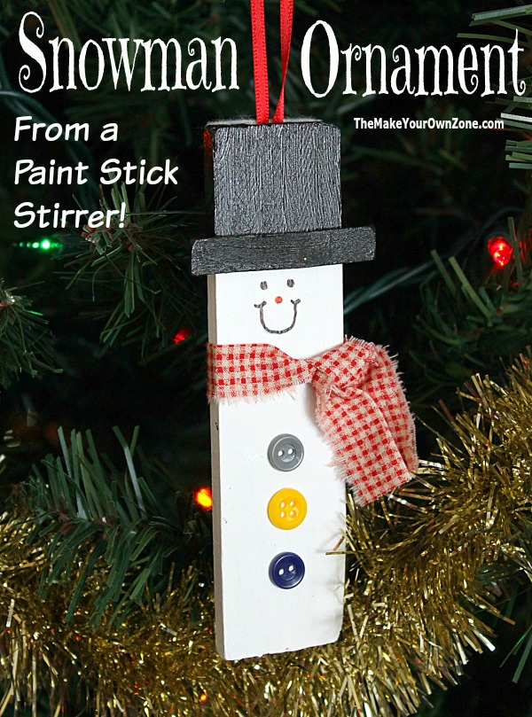 How to make a snowman Christmas ornament from a paint stick stirrer - a craft the kids can do too!