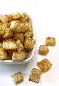 A bowl of homemade croutons