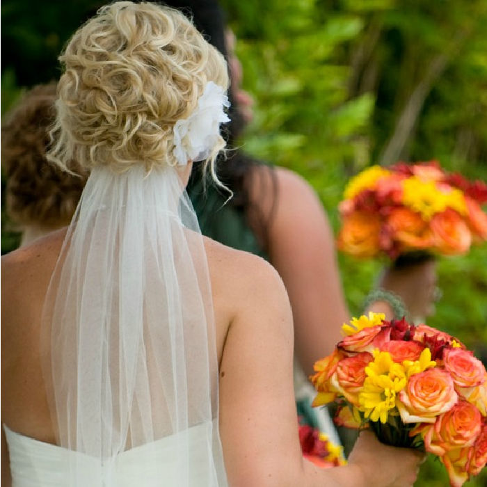A homemade sewn bridal veil