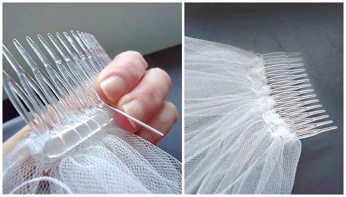 Sewing a hair comb to tulle to make a homemade bridal veil