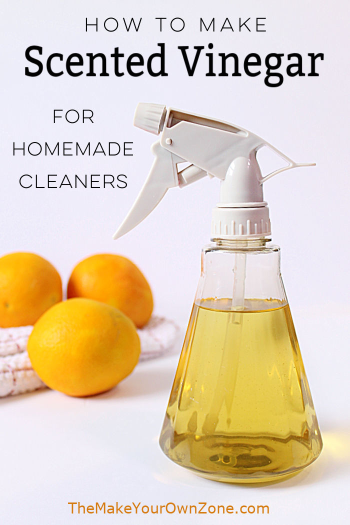 A bottle of homemade cleaning spray made with homemade scented orange vinegar