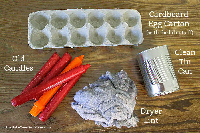 Supplies for making homemade egg carton fire starters