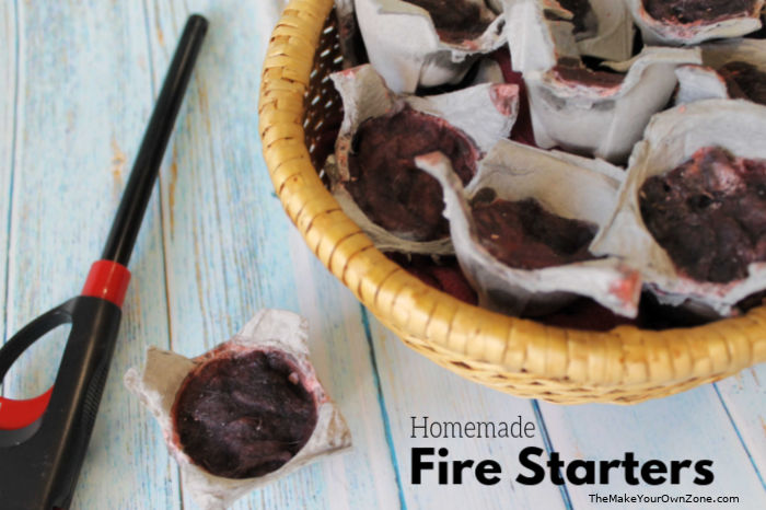 A basket of homemade fire starters with a lighter