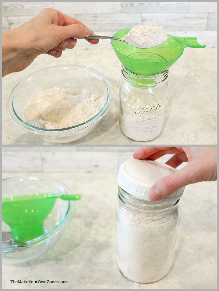 putting homemade pancake mix in a jar