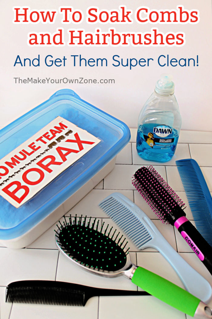 combs and hairbrushes with borax and dish soap for cleaning