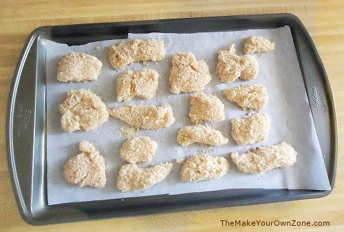 A baking sheet of homemade chicken nuggets