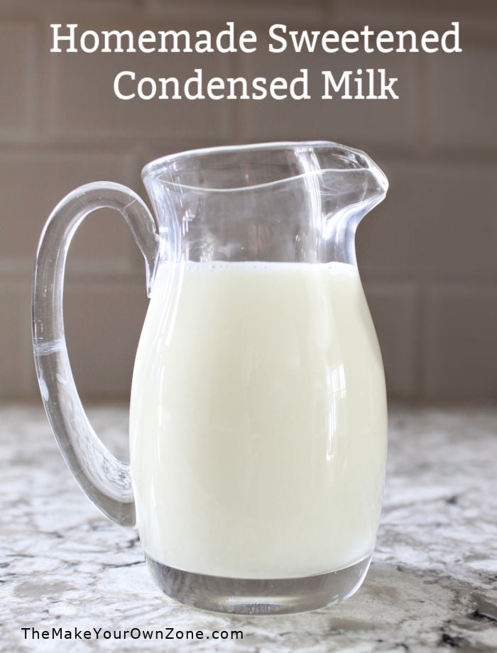 A pitcher of homemade sweetened condensed milk