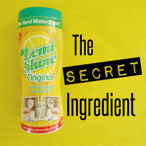 A bottle of Lemi Shine being used in a DIY dishwasher detergent