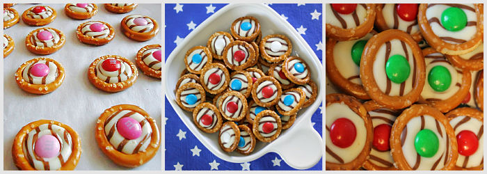 Holiday treats made with pretzels, Hershey Kisses, and M&M candies