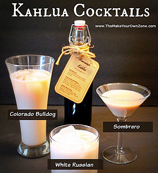How to make homemade Kahlua and use it in three tasty Kahlua cocktails - the Sombrero, the Colorado Bulldog, and the White Russian