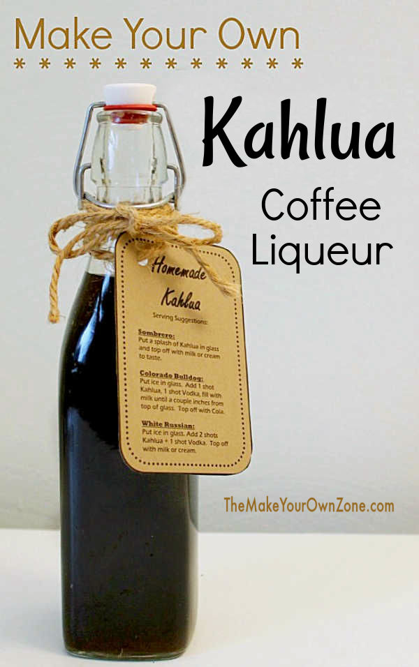 Bottle of homemade kahlua with cocktail recipe label