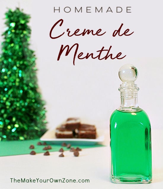 A bottle of homemade creme de menthe