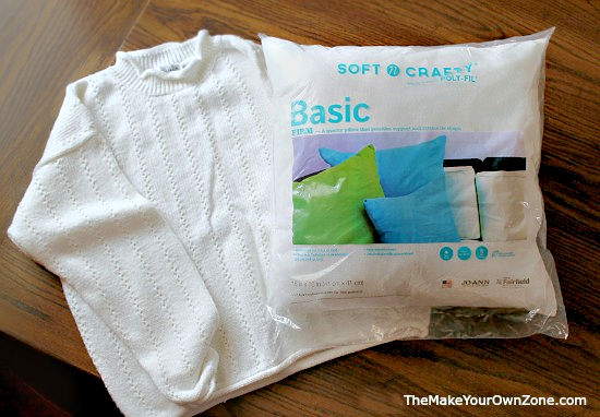 supplies to make a pillow from an old sweater