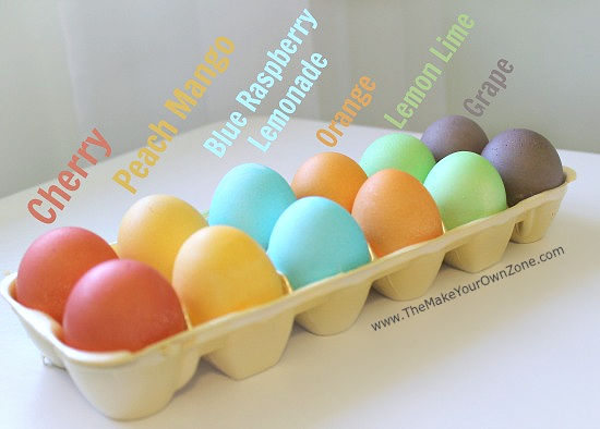 Colored Easter eggs made using Kool Aid