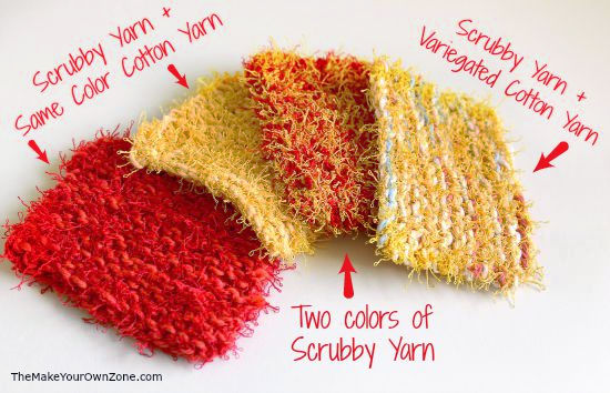 four homemade knit scrubbies
