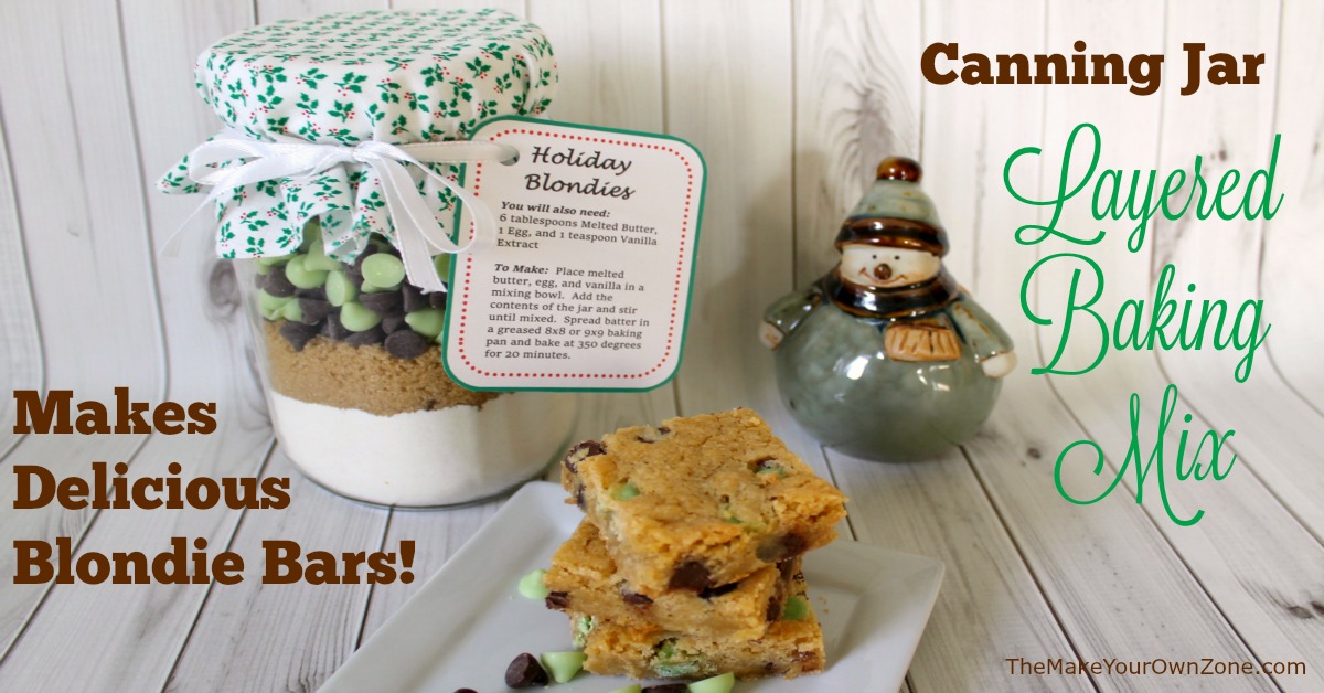 A layered baking mix in a canning jar is a perfect quick and simple gift - This recipe makes delicious Blondie Bars and includes free printable tags too!