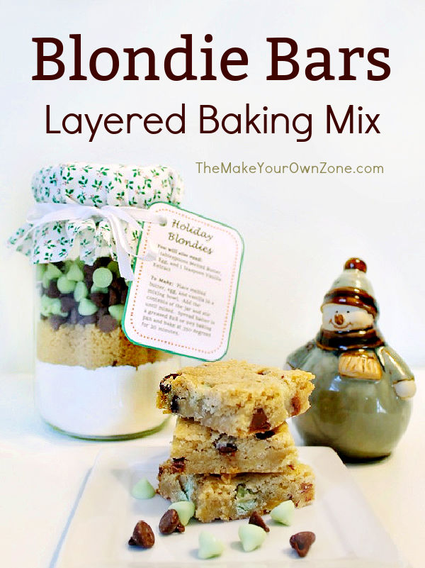 A canning jar with a layered baking mix for blondie bars
