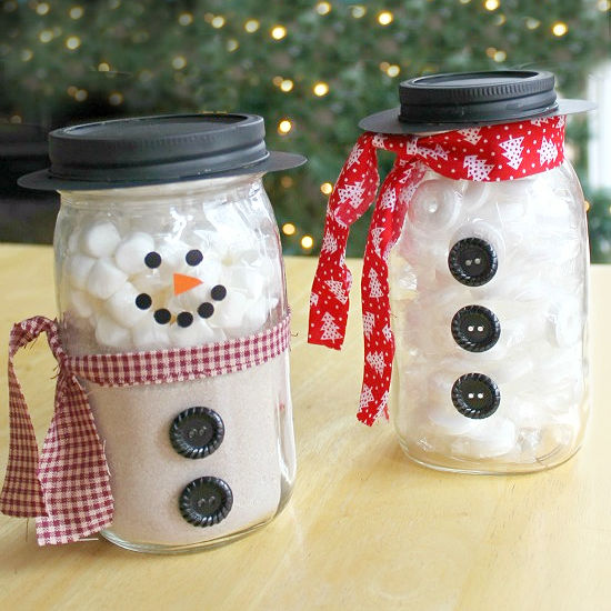 mason jars decorated to look like snowmen