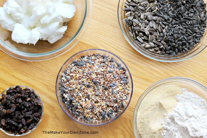 ingredients to make a homemade birdseed cake