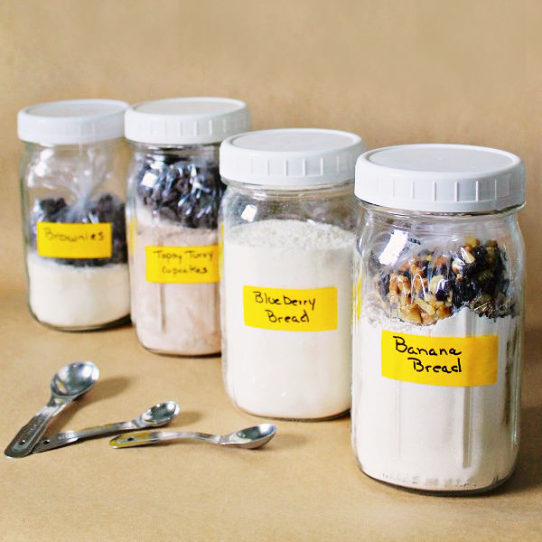 four jars of homemade baking mixes