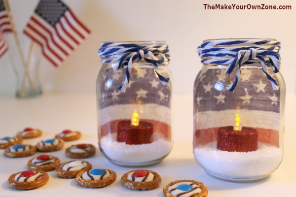 Make these red, white, and blue jars with simple supplies. You may be able to find most of your supplies at the dollar store!