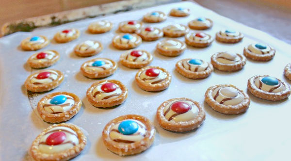 M&M Pretzel treats on a cookie sheet