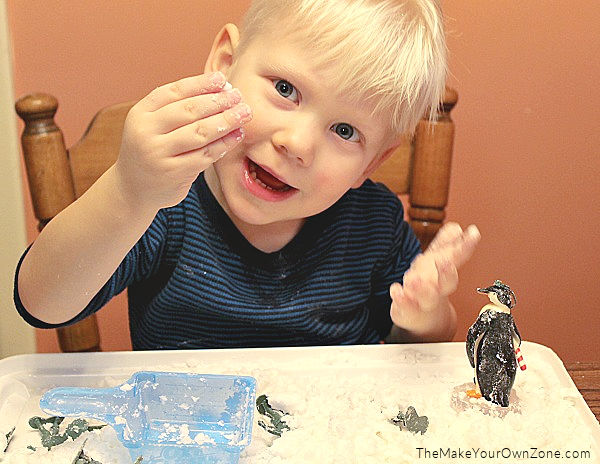 playing with homemade play snow