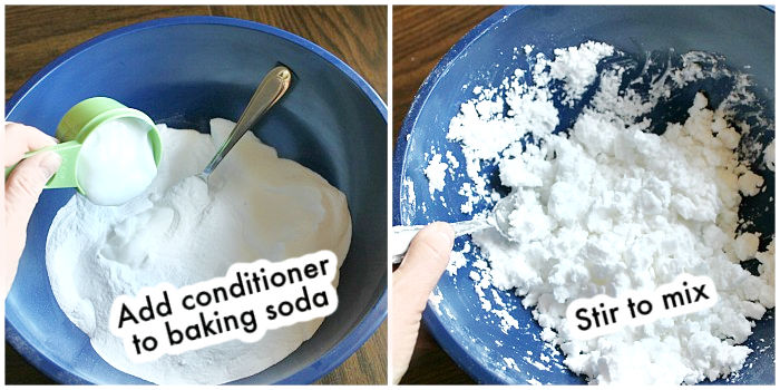 mixing baking soda and hair conditioner to make play snow