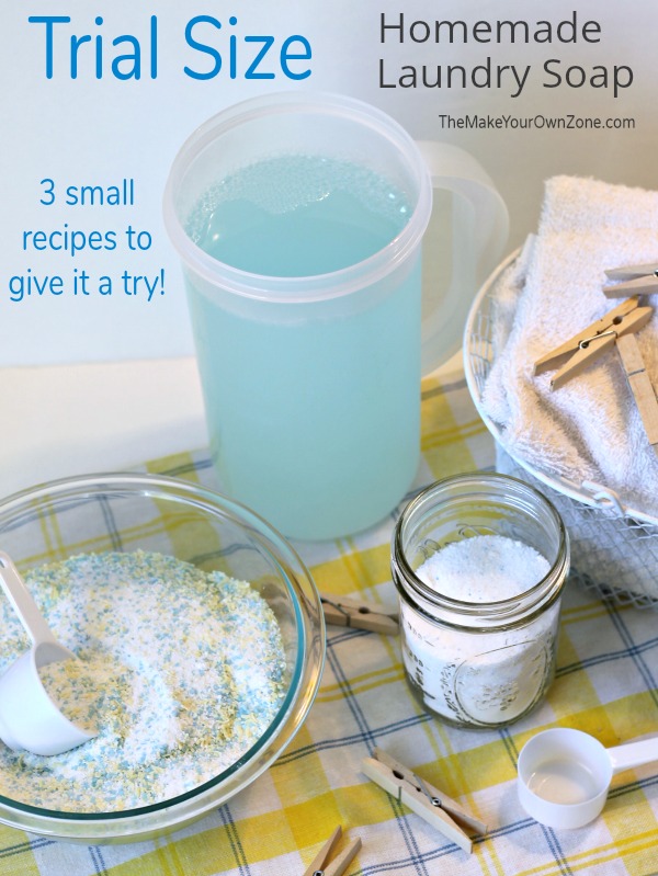 Trial Size Homemade Laundry Soap - 3 small batch recipes for giving homemade laundry soap a try without making a large batch.