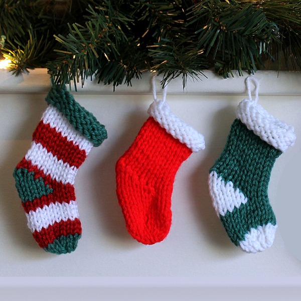 Pattern for mini knit stockings using two straight needles - no double pointed needles needed!