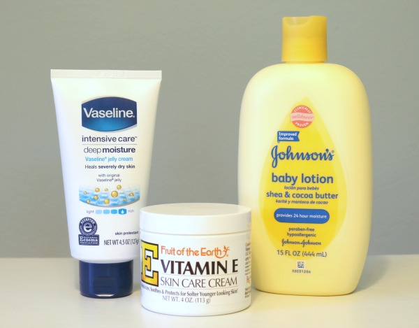 DIY lotion made with baby lotion, vitamin E cream, and Vaseline jelly cream