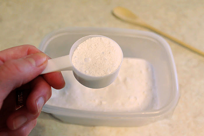 A scoop of homemade laundry soap made with no borax