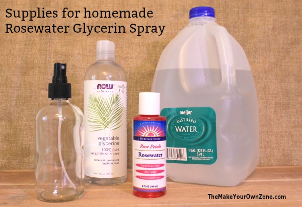 Ingredients for homemade natural rosewater glycerin moisturizing spray
