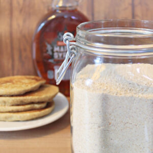 A jar of homemade whole grain pancake mix