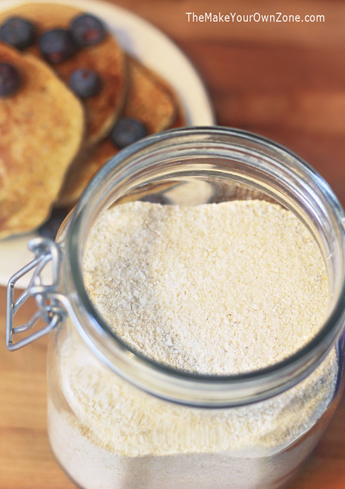 A jar of homemade whole grain pancake mix