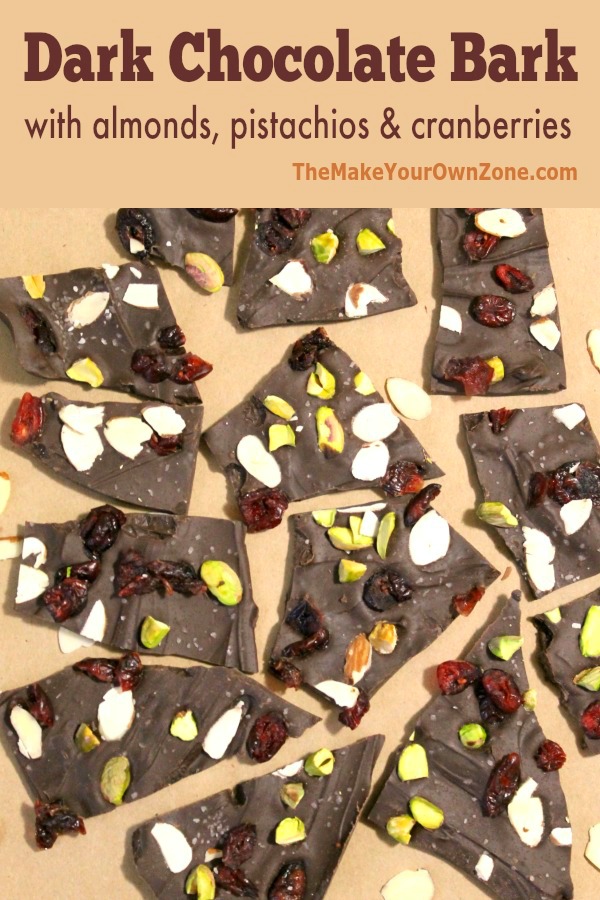 Dark Chocolate Bark recipe made with almonds, pistachios, and cranberries