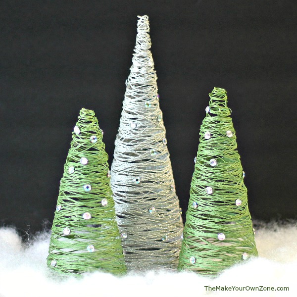 Homemade string Christmas trees made using Mod Podge