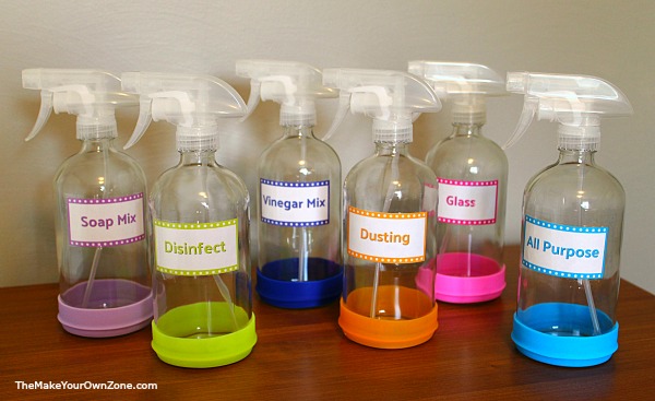 Set of DIY colored glass spray bottles