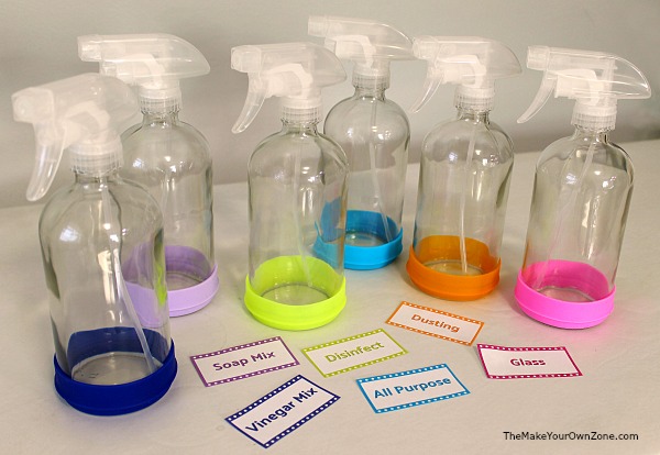 Set of homemade colored spray bottles