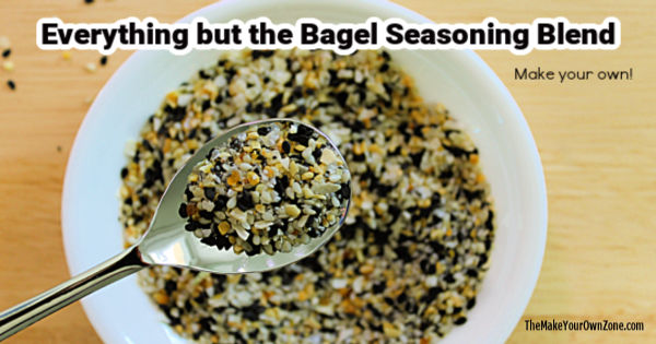 A spoon filled with homemade everything bagel seasoning